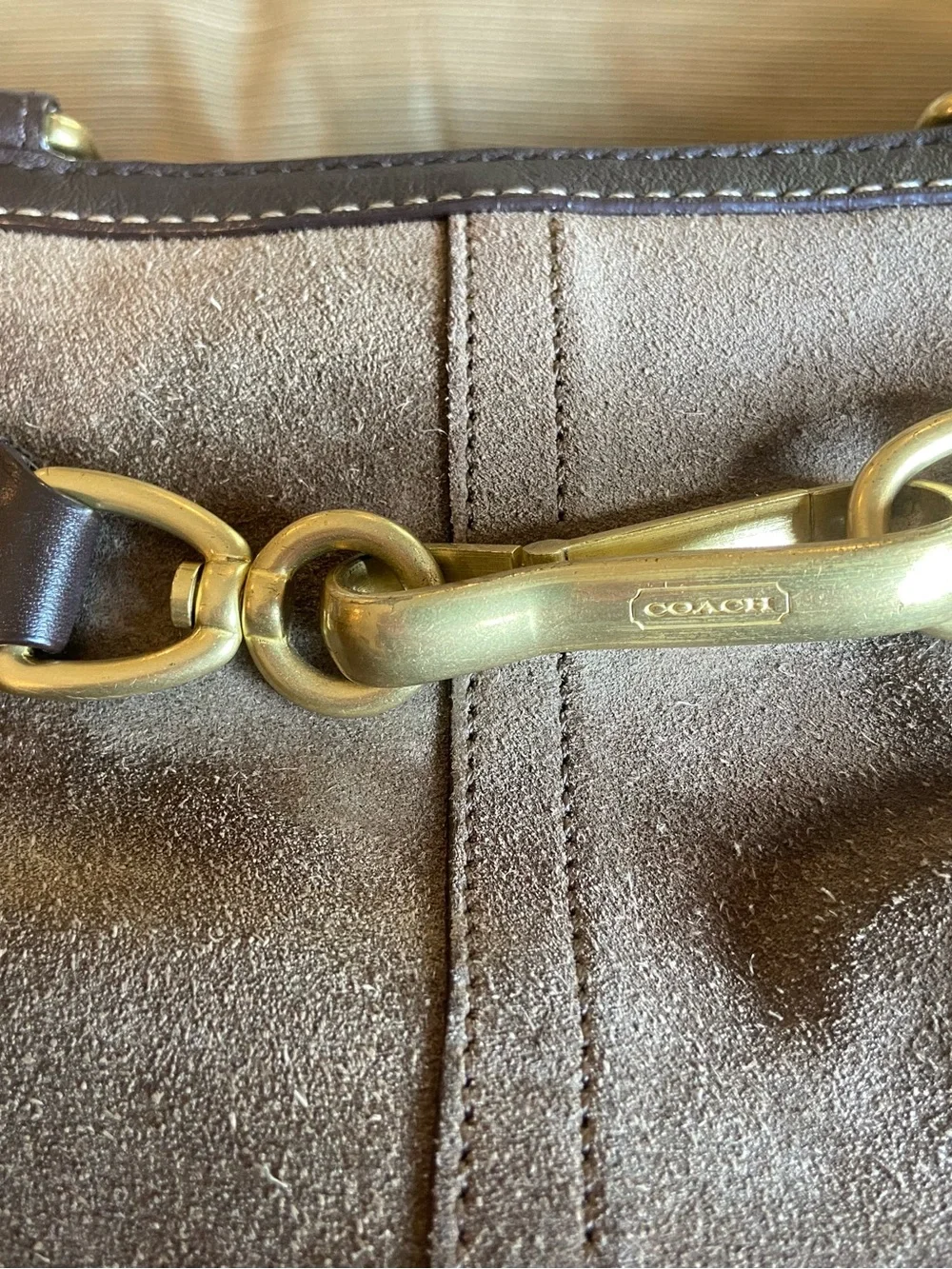 Coach Brown Suede Tote with Dark Brown Leather Trim and Gold Hardware